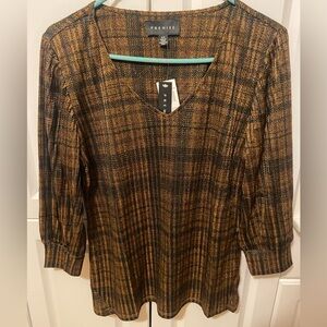 Premise Studio Women’s 3/4 Sleeve Plaid Blouse Shimmer Gold/Black/Brown NWT